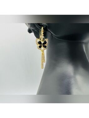 Gold Black Crystal Butterfly Dangle Earrings